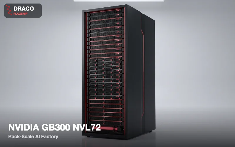 NVIDIA GB300 NVL72 Rack-Scale AI Factory - liquid-cooled rack, front three-quarter hero